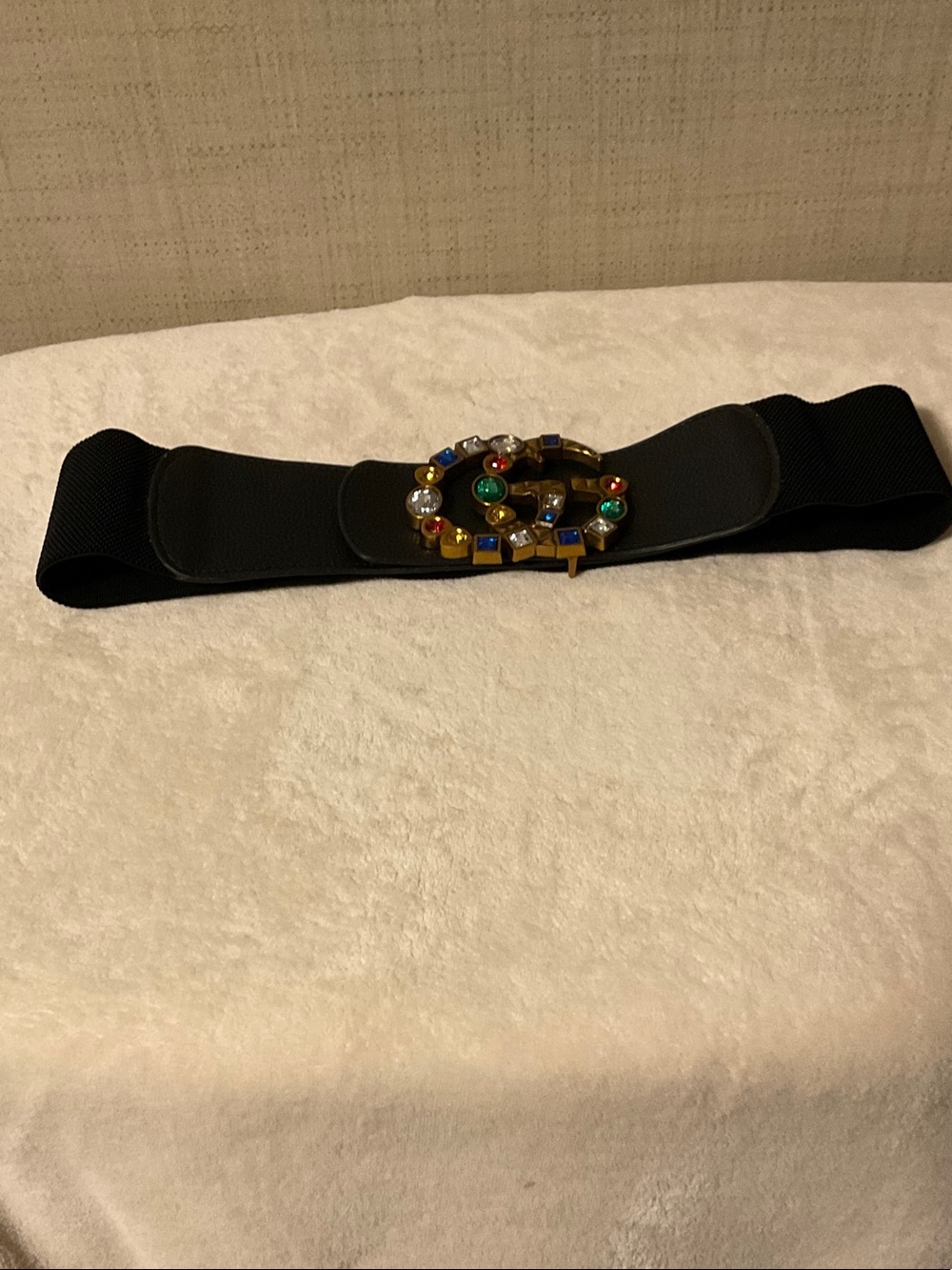 Black Elastic Waist Belt with Jeweled Gold Buckle